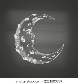 Crescent Moon with Face and Craters - Chalk Drawing on the Blackboard. Hand Drawn Decor Element in Vintage Engraving Style. Print Design for T-shirt, Poster, Bags or Cards. Vector Illustration.