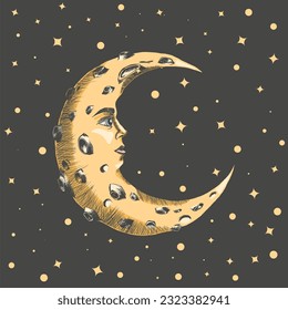 Crescent Moon with Face and Craters Colored Sketch In the Starry Sky. Hand Drawn Decor Element in Vintage Engraving Style. Print Design for T-shirt, Poster, Bags or Cards. Vector Illustration.
