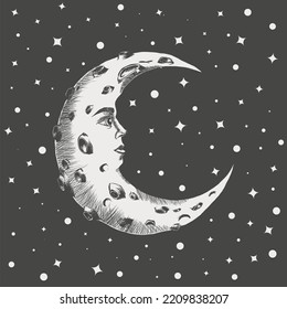 Crescent Moon with Face and Craters Sketch In the Night Starry Sky. Hand Drawn Decor Element in Vintage Engraving Style. Print Design for T-shirt, Poster, Bags or Cards. Vector Illustration