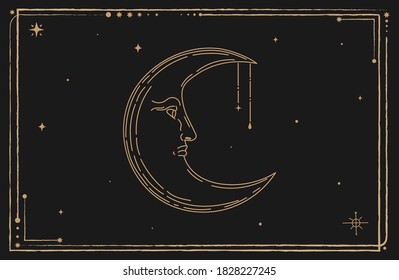 A Crescent moon with a face. Frame on a black background. Occultism, magic, dark sky Border.