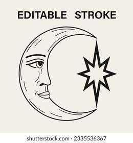 Crescent moon with face in profile. Moon is holding star. Vector illustration with editable storke. Mythological fairytale character, alchemy and astrology symbol.
