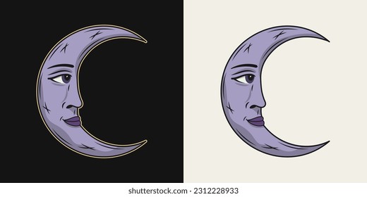 Crescent moon with face in profile. Vector illustration in vintage style on black, white background. Mythological fairytale character, alchemy and astrology symbol.