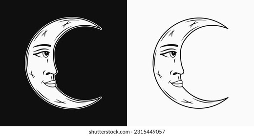Crescent moon with face in profile. Vector black and white illustration in vintage style on black, white background. Mythological fairytale character, alchemy and astrology symbol.