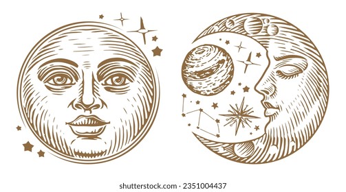 Creciente, luna con rostro y estrellas. Signo mágico esotérico y oculto. Ilustración vintage con grabado de astrología