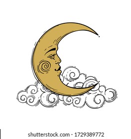Crescent Moon With Face, Stylized Drawing, Gold Engraving. Vintage Mystical Boho Design, Logotype, Tattoo. Vector Illustration Isolated On White