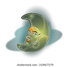 Crescent Moon Face. A vector freehand ink drawing of the man in the moon in watercolor style. Cloud in the background. Crescent shaped face shows texture and craters