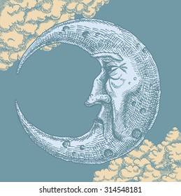 Crescent Moon Face Vintage Drawing  A vector freehand ink drawing the man in the moon in vintage style  Clouds in the background  Crescent shaped face shows texture   craters in cross  hatch   