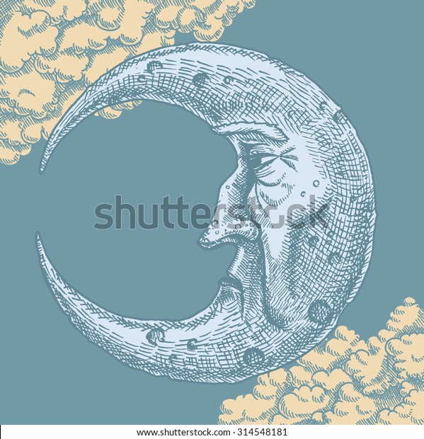 Crescent Moon Face Vintage Drawing. A vector freehand
ink drawing of the man in the moon in vintage style. Clouds in the
background. Crescent shaped face shows texture and craters in
cross-hatch.  