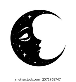 Crescent moon with female face. Esoteric logo vector design, boho chic print, tattoo, poster.