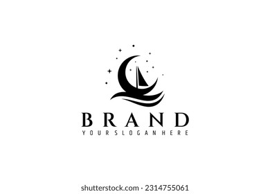 Crescent moon flat logo design with combination of boat sails with waves