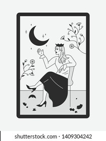 A crescent moon is floating in front of a queen sitting on a chair. Card Poster Concept. flat design style minimal vector illustration