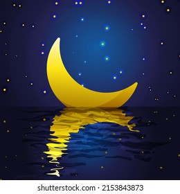 The crescent moon floats in the pond. Ripples and reflection on the water. Fairy Midnight Scene. Clear starry sky. Cute good night poster or card design for kids.