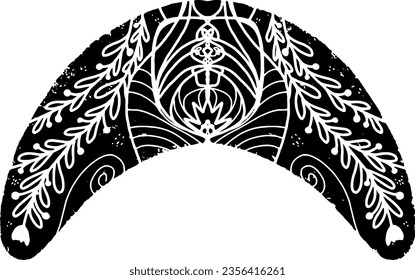 Crescent moon with floral patterns in linocut style. Graphic arts. Vector element for design.