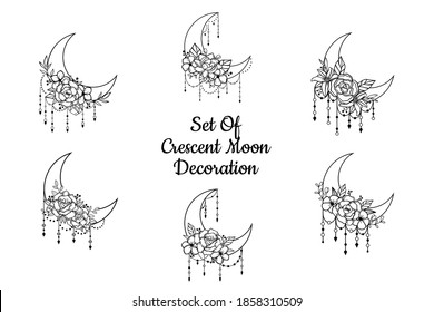 Crescent moon floral style, moon decoration element collection