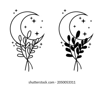 crescent moon with florals and stars