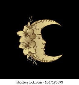 Crescent moon with flower ornament in antique style engraving. Boho, tattoos, tarot cards.