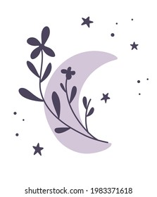 Crescent moon of flowers. Beautiful romantic crescent in boho style. Botanical moon element. Tattoo design, logo, wedding invitation, greeting card, Halloween decor.Vector flat illustration. 