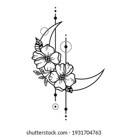 Crescent moon with flowers. Celestial illustration.