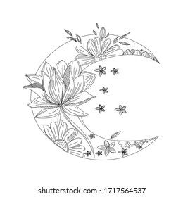 Crescent Moon with flowers. Hand drawn outline vector sketch illustration