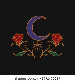 Crescent moon and flowers, magical boho style card design for witch, Halloween witchcraft, mysticism. Vector simple hand drawn illustration, sketch for tattoo.