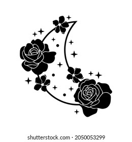 crescent moon with flowers and stars