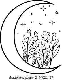 Crescent Moon with Flowers and Stars. Nature and Celestial Themed Designs. Botanical Floral Decor. Lunar Blooms Art. Ethereal Astronomy Decor. Cosmic Moonlight.