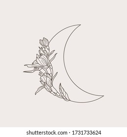 Crescent moon of flowers in a trendy minimal linear style. Vector floral outline icon. Tattoo design, logo, wedding invitation, greeting card