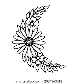Crescent moon of flowers in a trendy minimal linear style. Vector floral outline icon. Tattoo design, logo, wedding invitation, greeting card. Vector illustration isolated on white.