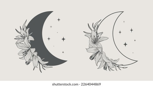 Crescent moon of flowers in a trendy minimal linear style. Vector floral outline icon. Tattoo design, logo, wedding invitation, greeting card