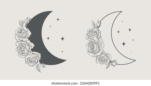 Crescent moon of flowers in a trendy minimal linear style. Vector floral outline icon. Tattoo design, logo, wedding invitation, greeting card