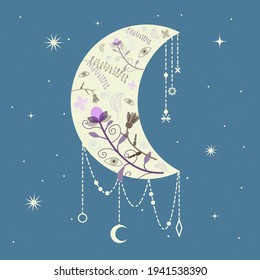 Crescent moon of flowers in a trendy minimalist  style. Vector floral pattern.  design for  logo, wedding invitation, greeting card, flower shop label etc