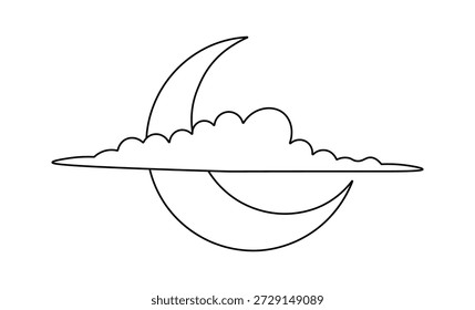 Luna creciente y una nube esponjosa ilustración gráfica de contorno cielo nocturno sereno pacífico