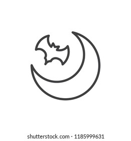 Crescent moon and flying bat outline icon. linear style sign for mobile concept and web design. Halloween night simple line vector icon. Symbol, logo illustration. Pixel perfect vector graphics