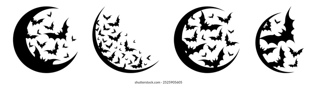 Luna creciente con la silueta negra de los murciélagos voladores. Luna con el icono de los murciélagos, etiqueta engomada, insignia o impresión para una camiseta para el Halloween. Vector dibujado a mano ilustración aislada sobre fondo blanco.