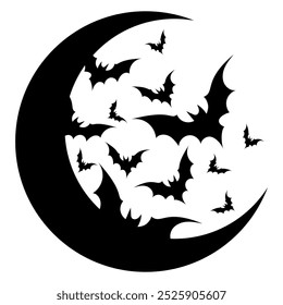 Luna creciente con la silueta negra de los murciélagos voladores. Luna con el icono de los murciélagos, etiqueta engomada, insignia o impresión para una camiseta para el Halloween. Vector dibujado a mano ilustración aislada sobre fondo blanco.