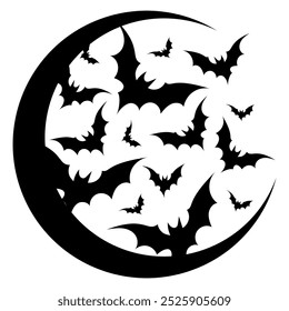 Luna creciente con la silueta negra de los murciélagos voladores. Luna con el icono de los murciélagos, etiqueta engomada, insignia o impresión para una camiseta para el Halloween. Vector dibujado a mano ilustración aislada sobre fondo blanco.