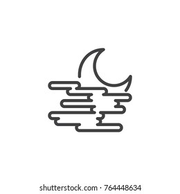 Crescent moon and fog line icon, outline vector sign, linear style pictogram isolated on white. Misty foggy night weather symbol, logo illustration. Editable stroke