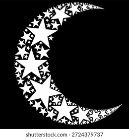 lua crescente formada por camadas de estrelas brancas.para temas noturnos, astrologia, design de ramadã, logotipo, impressão e símbolo.