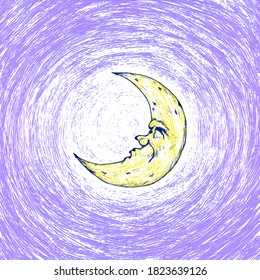 Una luna creciente con una cara divertida brillando en el cielo. Ilustración vectorial.