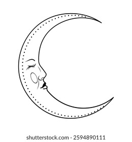 A crescent moon with a gentle face serenely gazes, surrounded by a calming aura of simplicity.