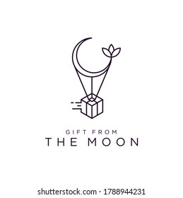 Crescent Moon, Gift Box, And Plant Leaves Or Flower Leaf, With Beauty Simple Line Art Logo Design 