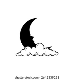 Crescent moon and girl face on cloud icon. Vector illustration.