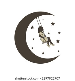 crescent moon with girl on swing