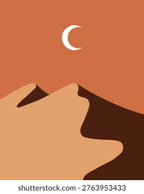 Crescent moon glows above desert dunes. Warm hues define tranquil night sky. Silhouetted dunes ripple under moonlight. Stillness echoes through arid landscape. Ideal for calm, reflective