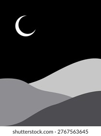 Crescent moon glows softly against deep night sky. Silent hills roll in gentle curves below. Shades of gray whisper calm, quiet stillness. No wind, no movement, just peace and solitude