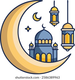 Crescent moon with golden mosque and lanterns, symbolizing Ramadan spirituality.