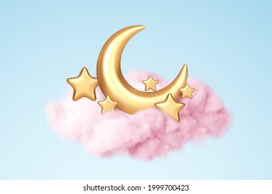 Crescent moon, golden stars and pink clouds 3d style isolated on blue background. Dream, lullaby, dreams background design for banner, booklet, poster. Vector illustration EPS10