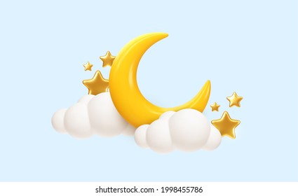Crescent moon, golden stars and white clouds 3d style isolated on blue background. Dream, lullaby, dreams background design for banner, booklet, poster. Vector illustration EPS10