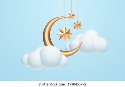 Crescent moon, golden stars and white clouds 3d style isolated on blue background. Dream, lullaby, dreams background design for banner, booklet, poster. Vector illustration EPS10