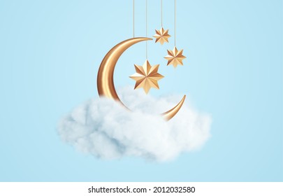 Crescent Moon, Golden Stars And White Clouds 3d Style Isolated On Blue Background. Dream, Lullaby, Dreams Background Design For Banner, Booklet, Poster. Vector Illustration EPS10